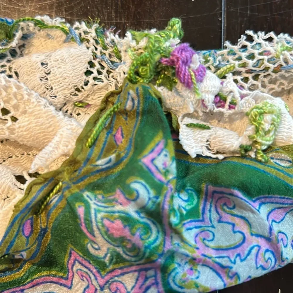 Hand Crafted head scarf hat band antique silk lace embroidered Multi floral